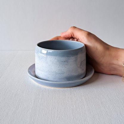 Wide Speckled Cup and Saucer in Blue